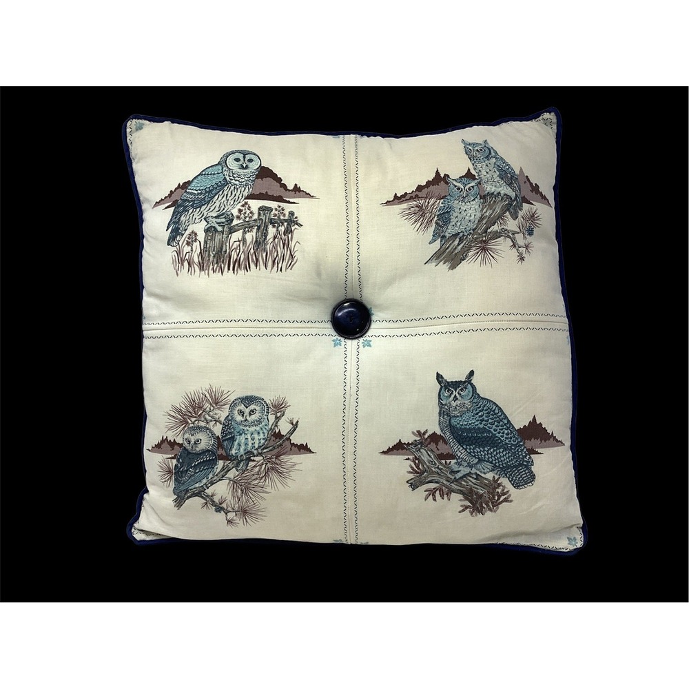 Vtg Owl On  Branches Square Pillow Cranston Patterns Blue Brown Finished 16"x16"